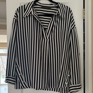 Zara Black and White Striped Vneck Blouse with Pearl Details XL